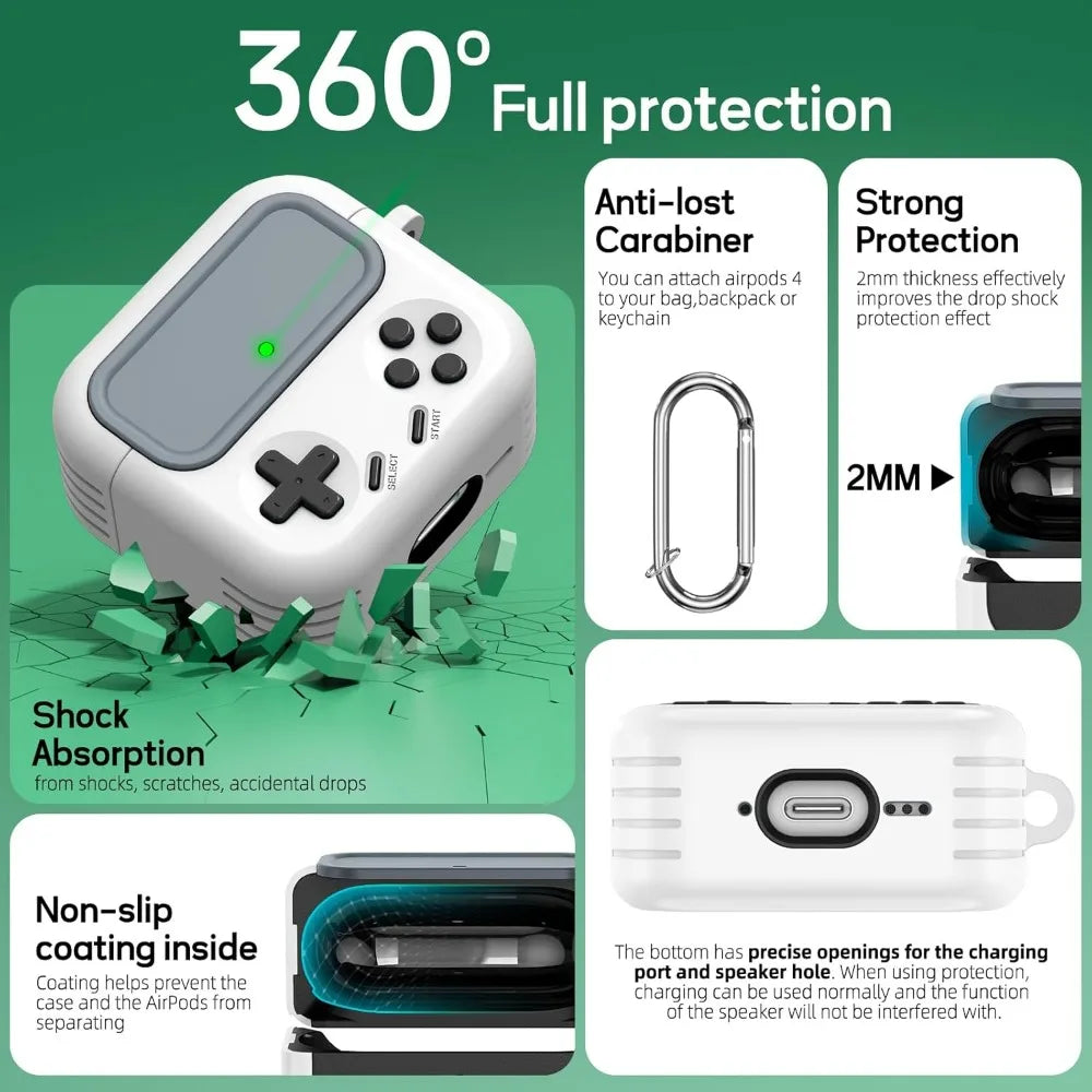 Game-Style Locking Case for AirPods 4 (2024) w/Cleaner Kit - ANC Compatible, Hard Protective Cover for Men & Boys